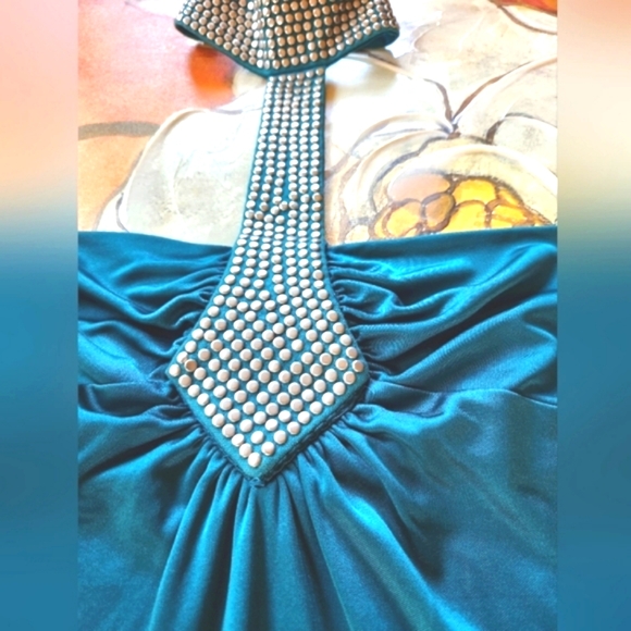 BEBE Teal Studded Silver Neck Choker Strapless Swingy Fun Slinky Mini Dress S - Picture 2 of 12